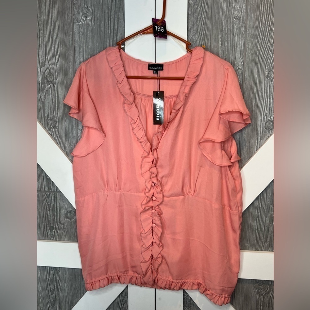 B4.62 NWT Zenobia Ladies Top Ruffle Hem/Sleeves Peach Size 3XL